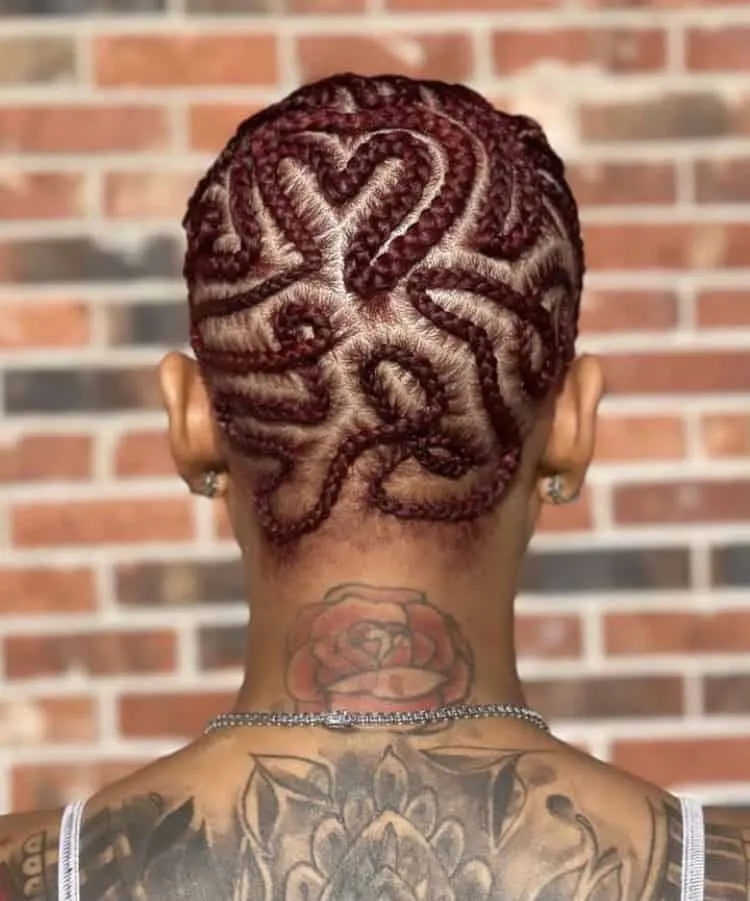 Burgundy braided bald head cornrows 