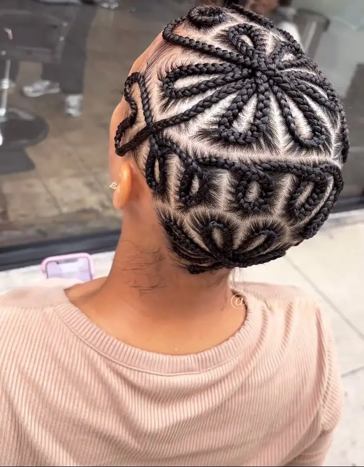 flower design and swirls braided baldie style, viral braided baldie style by cookie did it